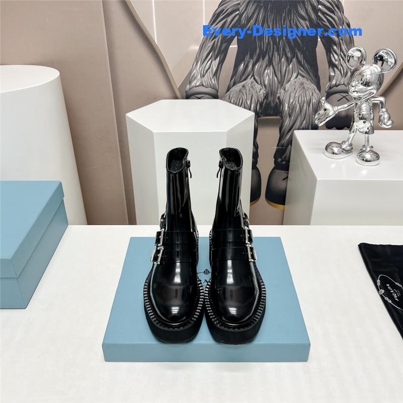 Pra*a round toe double buckle platform ankle boots