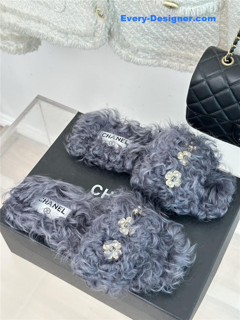 CC new Mier pure wool double C four-leaf clover fur slippers