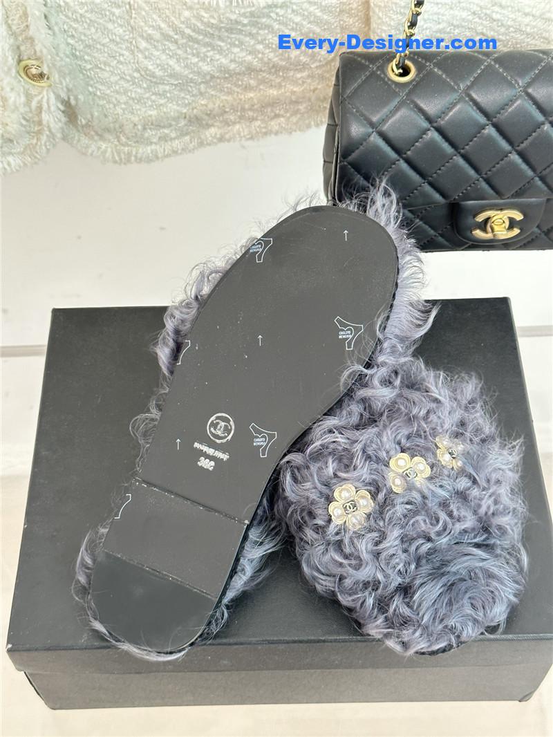 CC new Mier pure wool double C four-leaf clover fur slippers