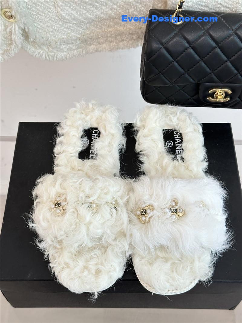 CC new Mier pure wool double C four-leaf clover fur slippers