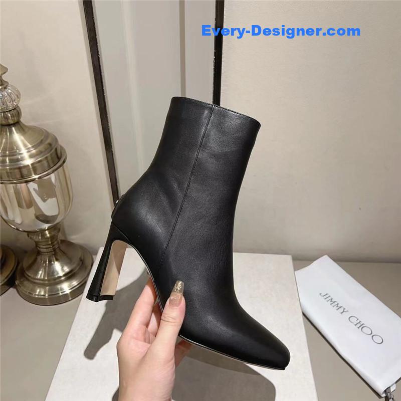 J1m*y Ch00 black patent leather block heel ankle boots