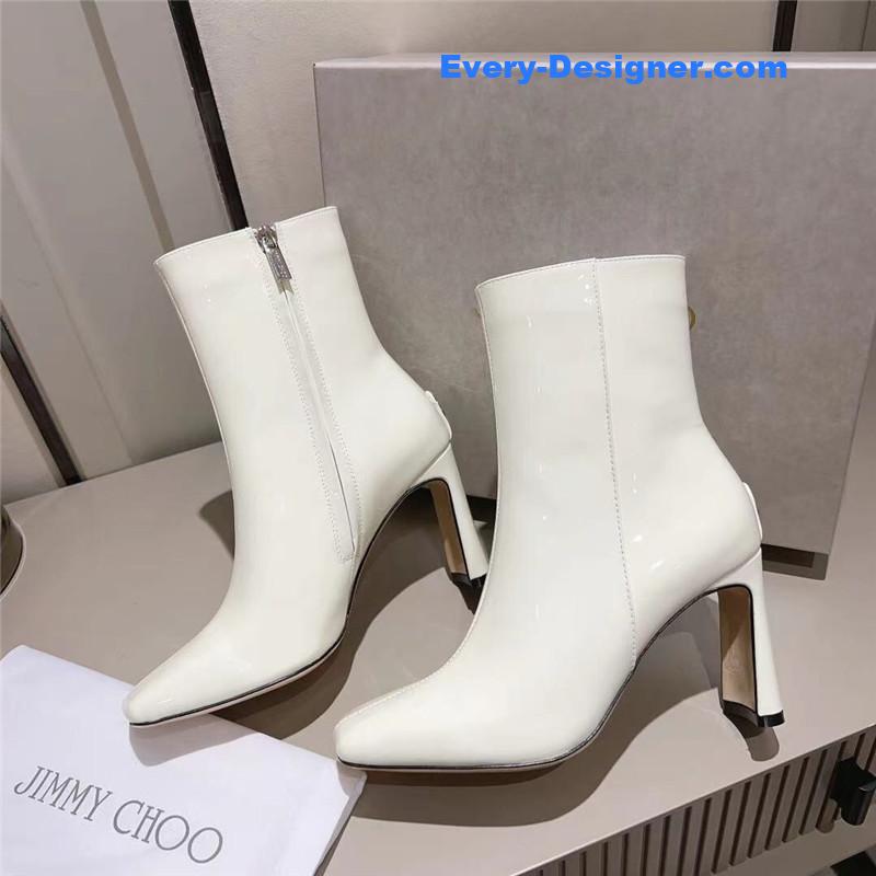J1m*y Ch00 black patent leather block heel ankle boots
