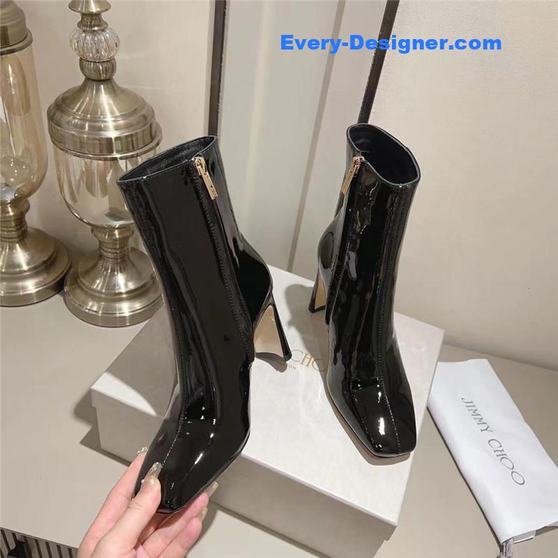 J1m*y Ch00 black patent leather block heel ankle boots