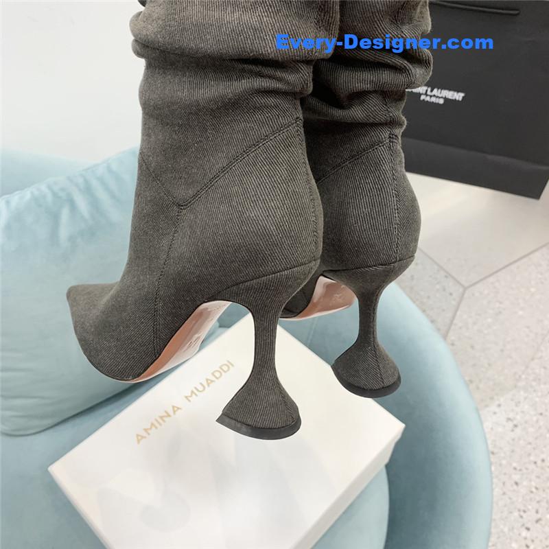 Amina Muaddi wine glass heel pleated high heel boots