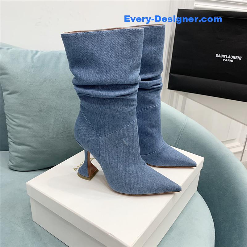 Amina Muaddi wine glass heel pleated high heel boots