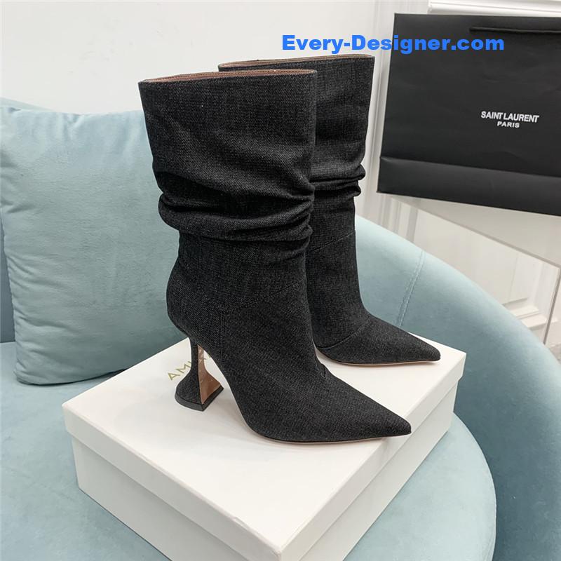 Amina Muaddi wine glass heel pleated high heel boots