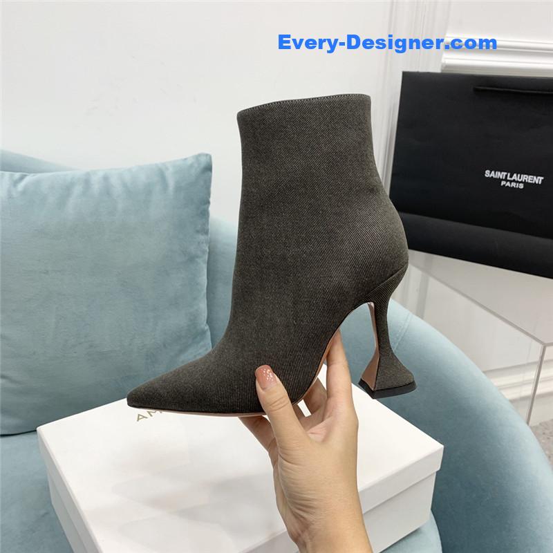 Amina Muaddi wine glass heel pleated high heel boots
