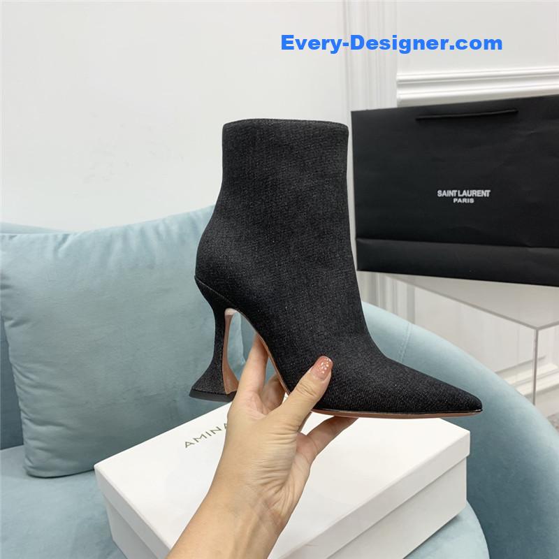 Amina Muaddi wine glass heel pleated high heel boots