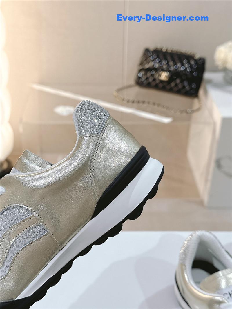 Ch**el gold laminated suede quilted cc sneakers