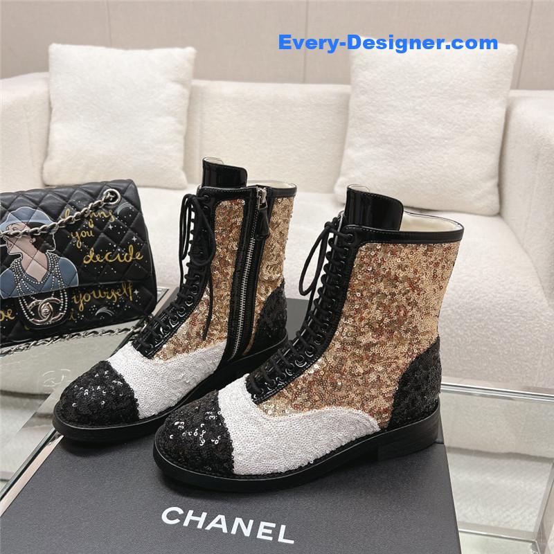 Ch**el sequins calfskin lace-up boots