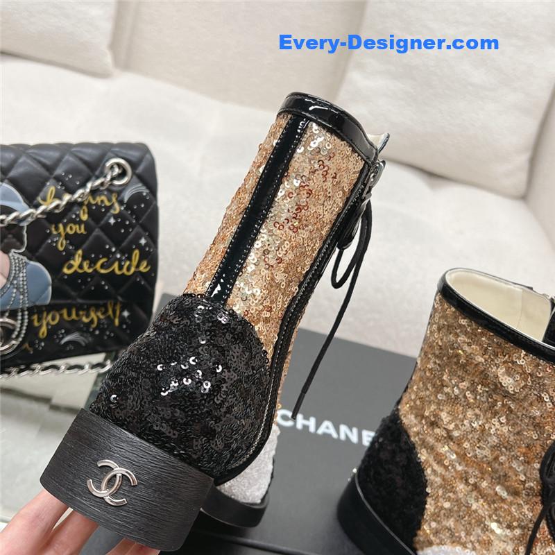Ch**el sequins calfskin lace-up boots