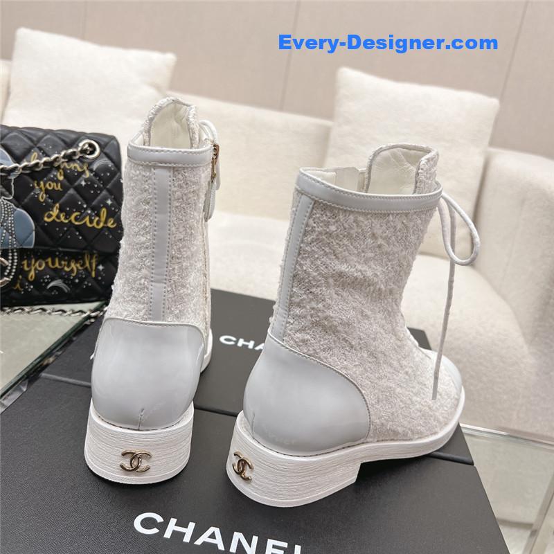 Ch**el tweed patent calfskin lace-up boots white