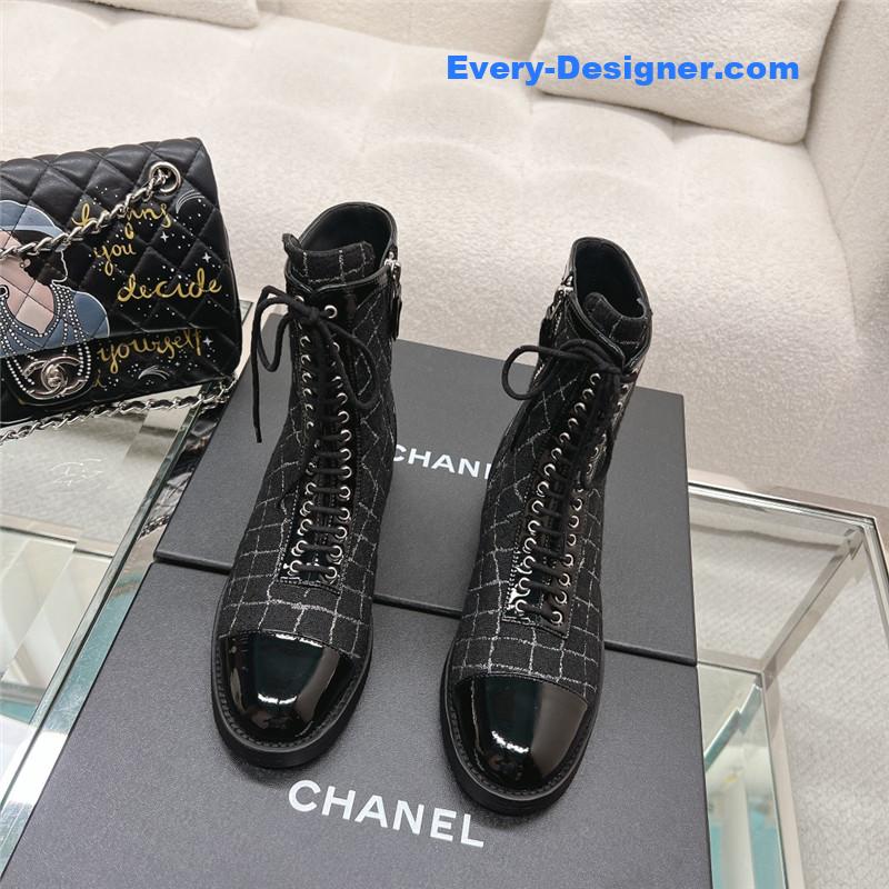 Ch**el tweed patent calfskin lace-up boots
