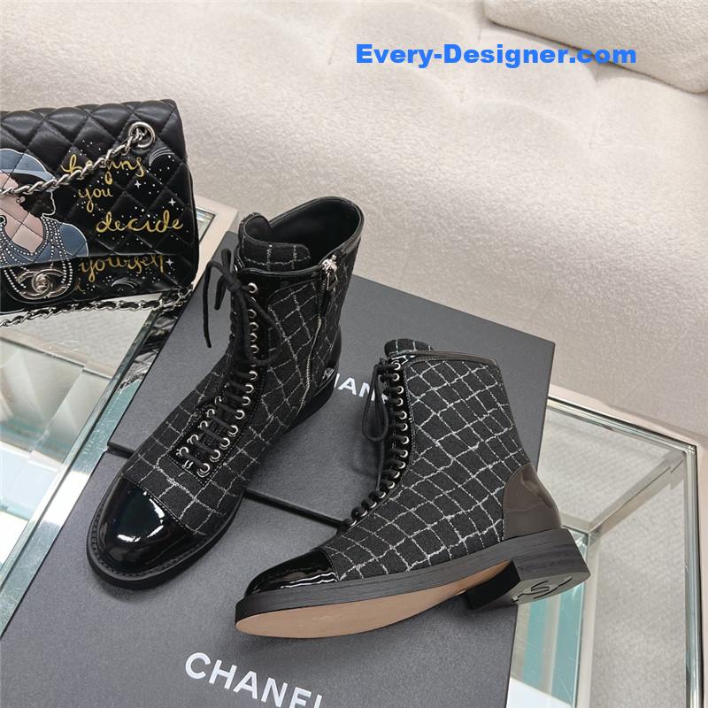 Ch**el tweed patent calfskin lace-up boots