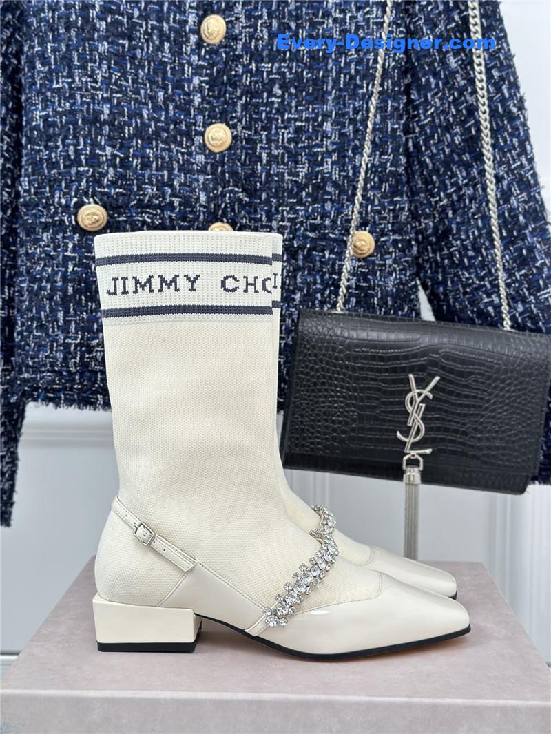 J1m*y Ch00 white knit patent leather socks boots
