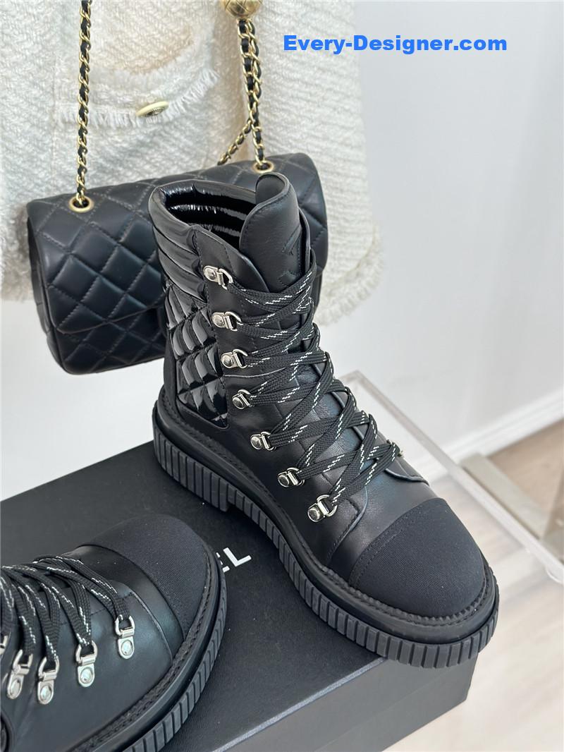 Ch**el calfskin grosgrain quilted lace-up boots