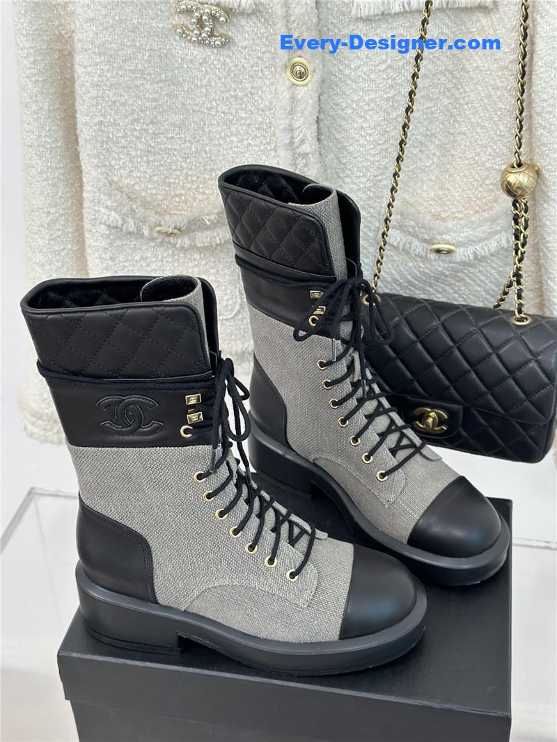 Ch**el gray denim calfskin quilted lace-up boots