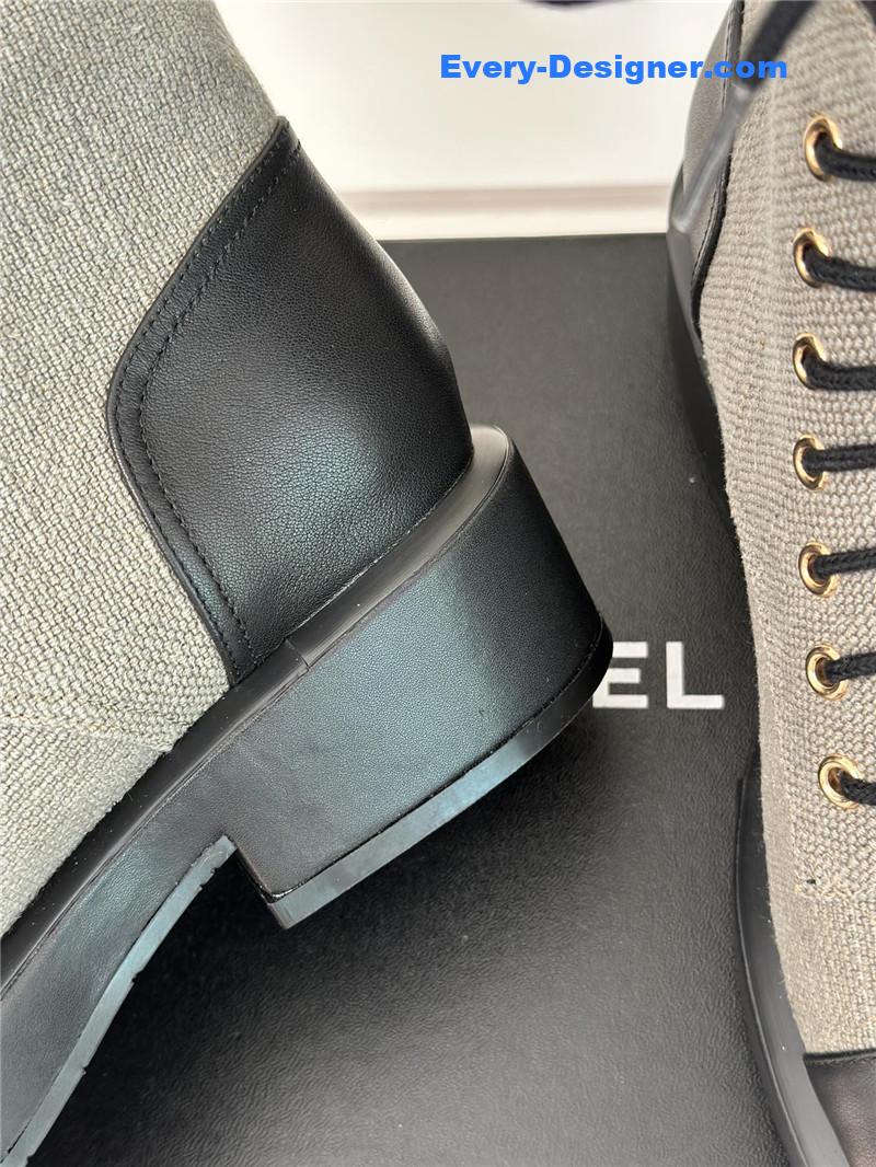 Ch**el gray denim calfskin quilted lace-up boots