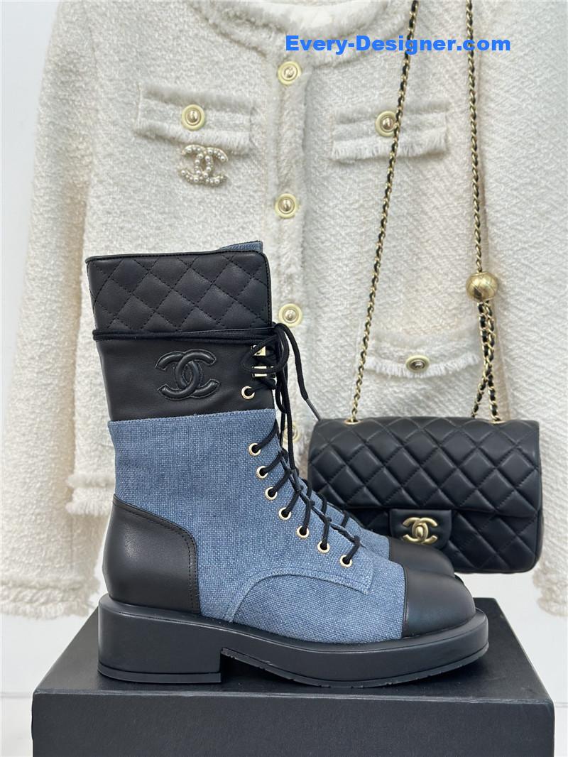 Ch**el denim calfskin quilted lace-up boots