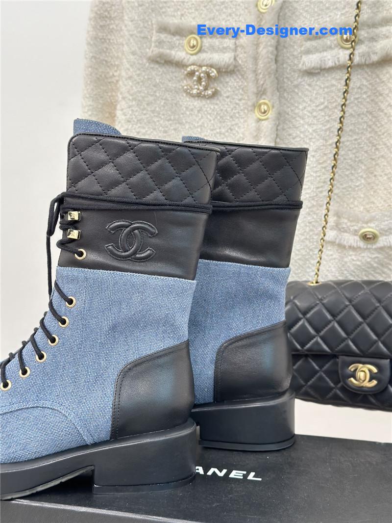 Ch**el denim calfskin quilted lace-up boots