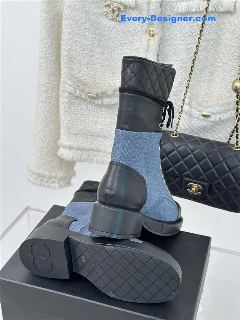Ch**el denim calfskin quilted lace-up boots