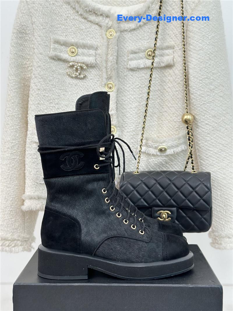 Ch**el black suede leather quilted lace-up boots