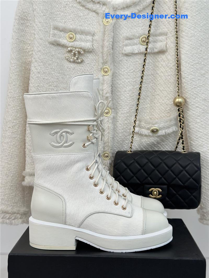 Ch**el white denim patent lambskin quilted lace-up boots