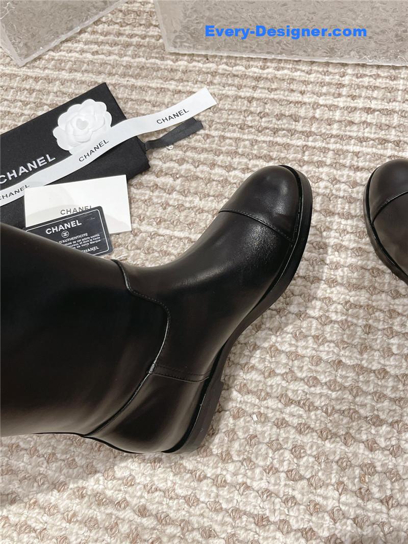 Ch**el flat calfskin zip knee high boots