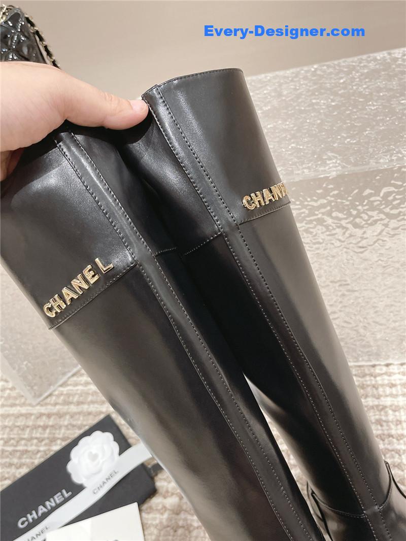 Ch**el flat calfskin zip knee high boots