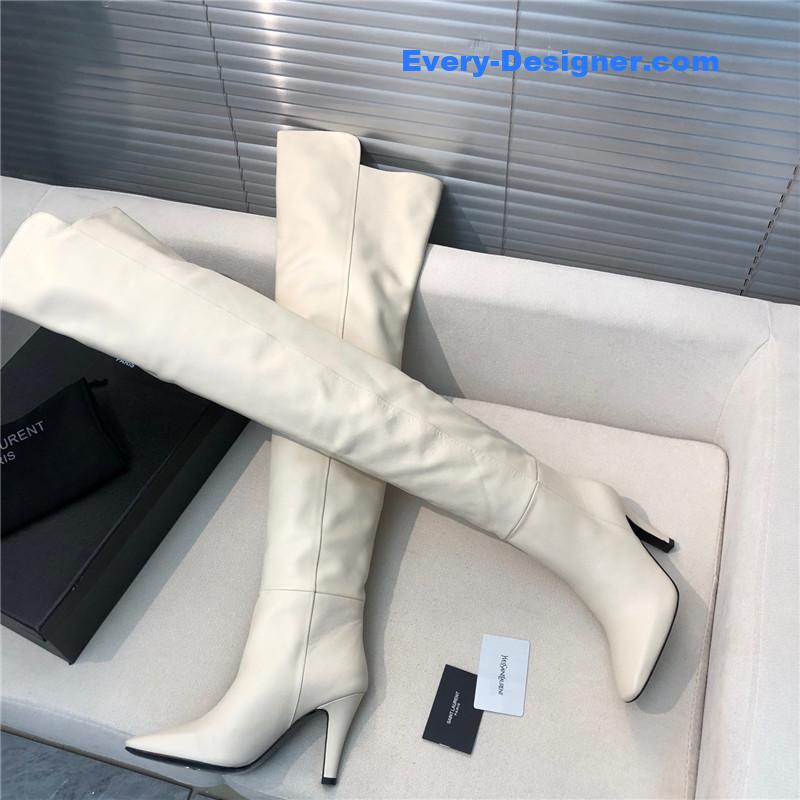 Sa1nt Lau*nt white leather over-the-knee boots