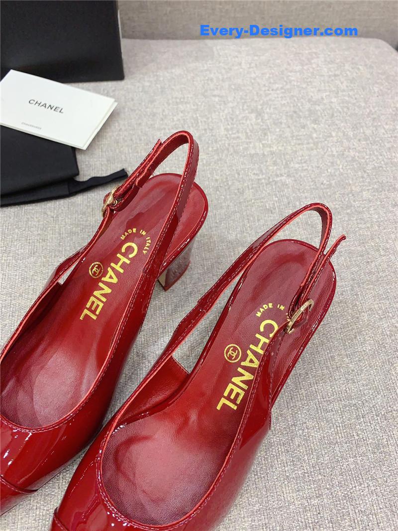 Ch**el classic sling back thick heel sandals