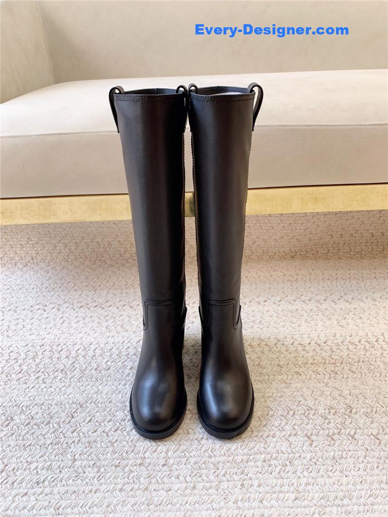 Miu Miu Logo-Tab Black Leather Knee-High Boots