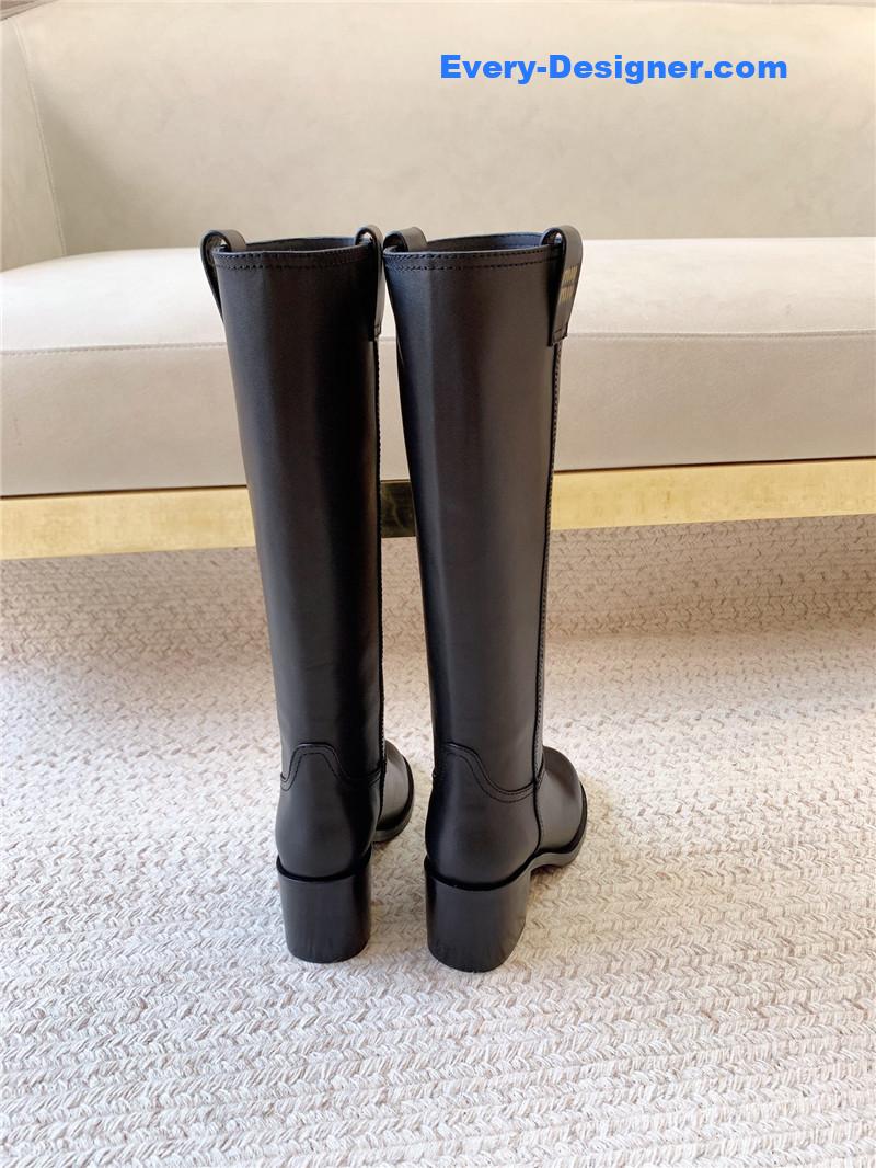 Miu Miu Logo-Tab Black Leather Knee-High Boots
