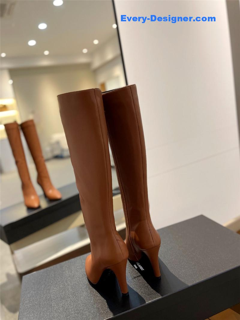 Sa1nt Lau*nt brown leather knee-high boots