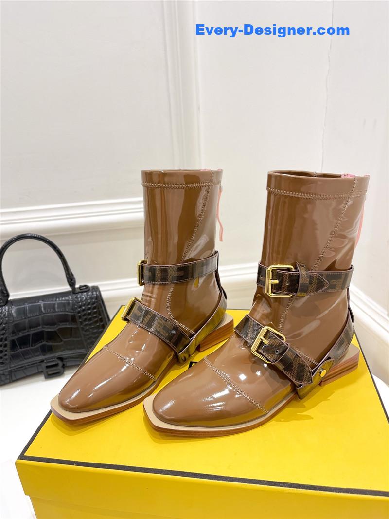F**di brown patent leather biker boots