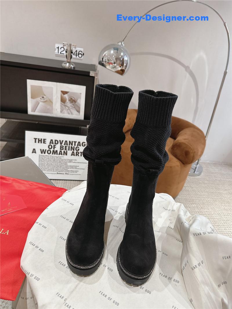 Rene Caovilla Black Knit Leather Knee-High Boots