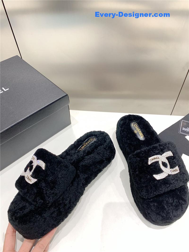 Ch**el double c rhinestone thick sole fur slippers