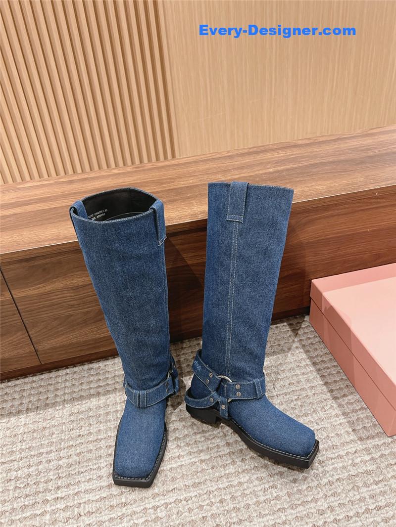 Acne Studios Blue Denim Buckle Tall Boots