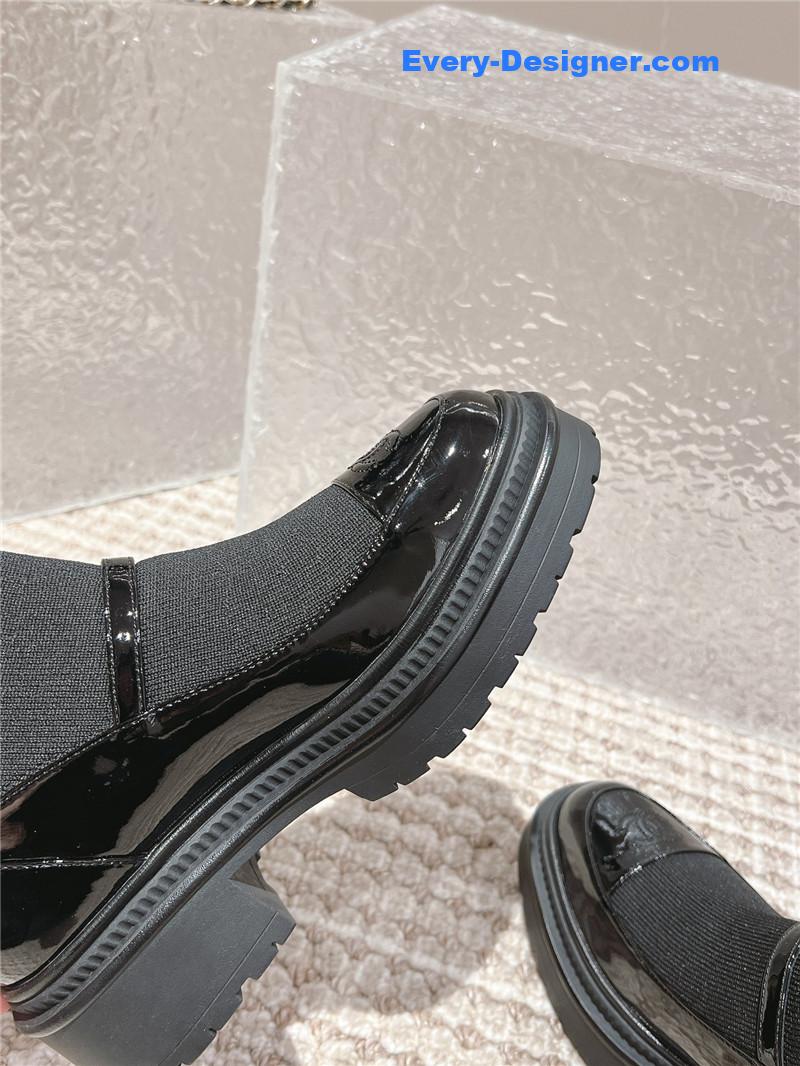 Ch**el front-strap two-tone black ankle boots
