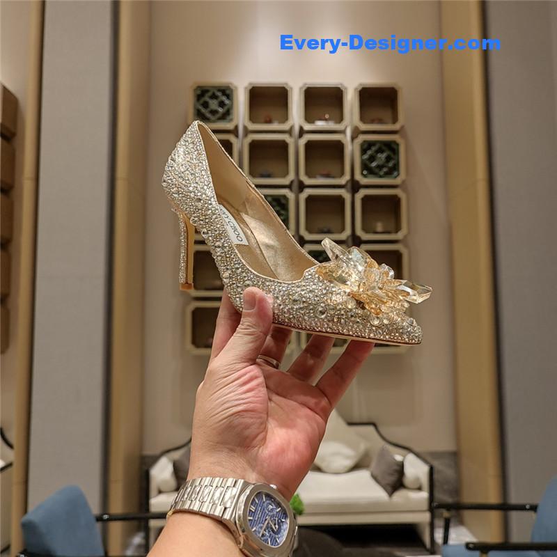 J1m*y Ch00 rose gold crystal covered pointy toe pumps