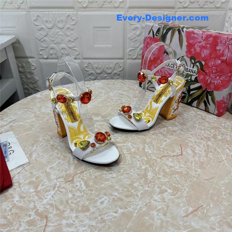 DG Stone Embellished White Patent Painted Heel Slingbacks