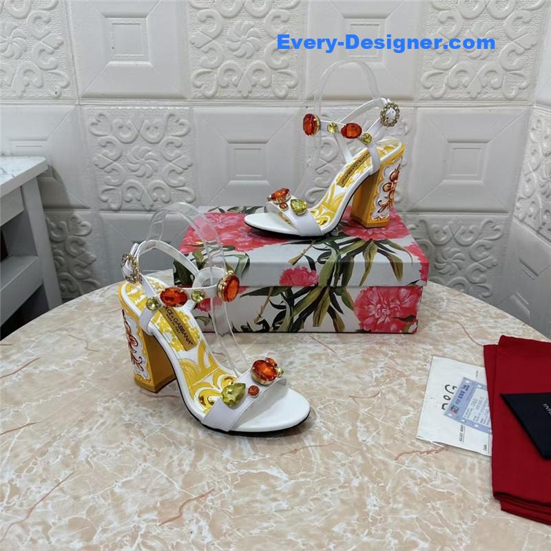 DG Stone Embellished White Patent Painted Heel Slingbacks