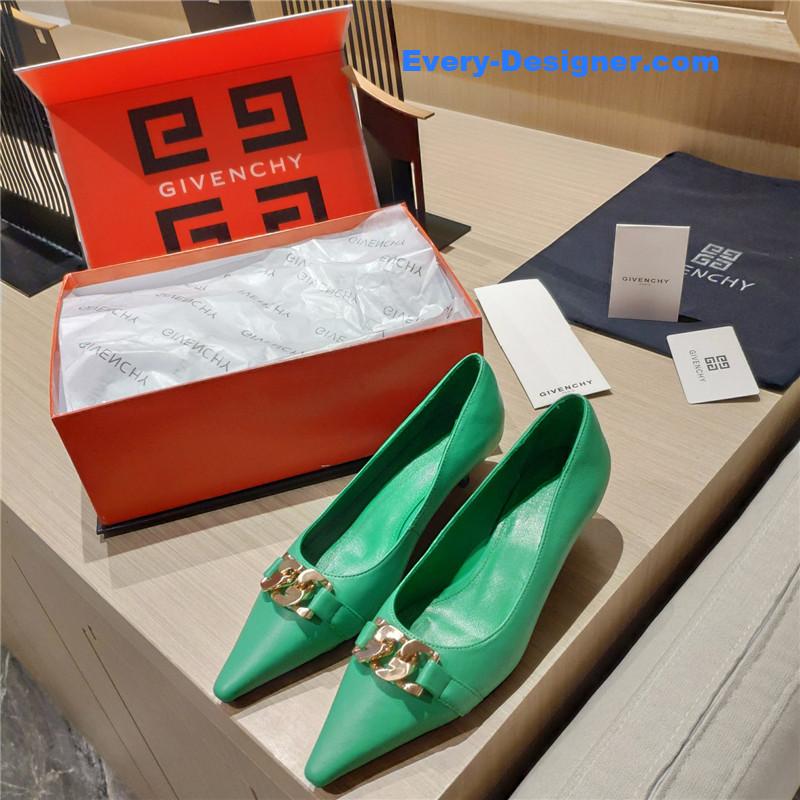 Givenchy Chain Pointed Low Heel Pumps Green Leather