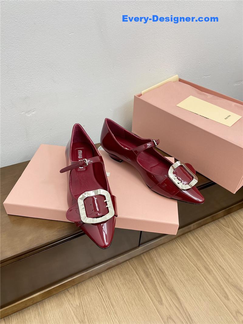 Miu Miu Burgundy Mary Jane Pointed Flats with Belt Buckle