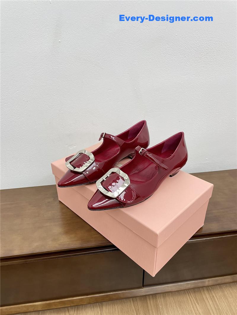 Miu Miu Burgundy Mary Jane Pointed Flats with Belt Buckle