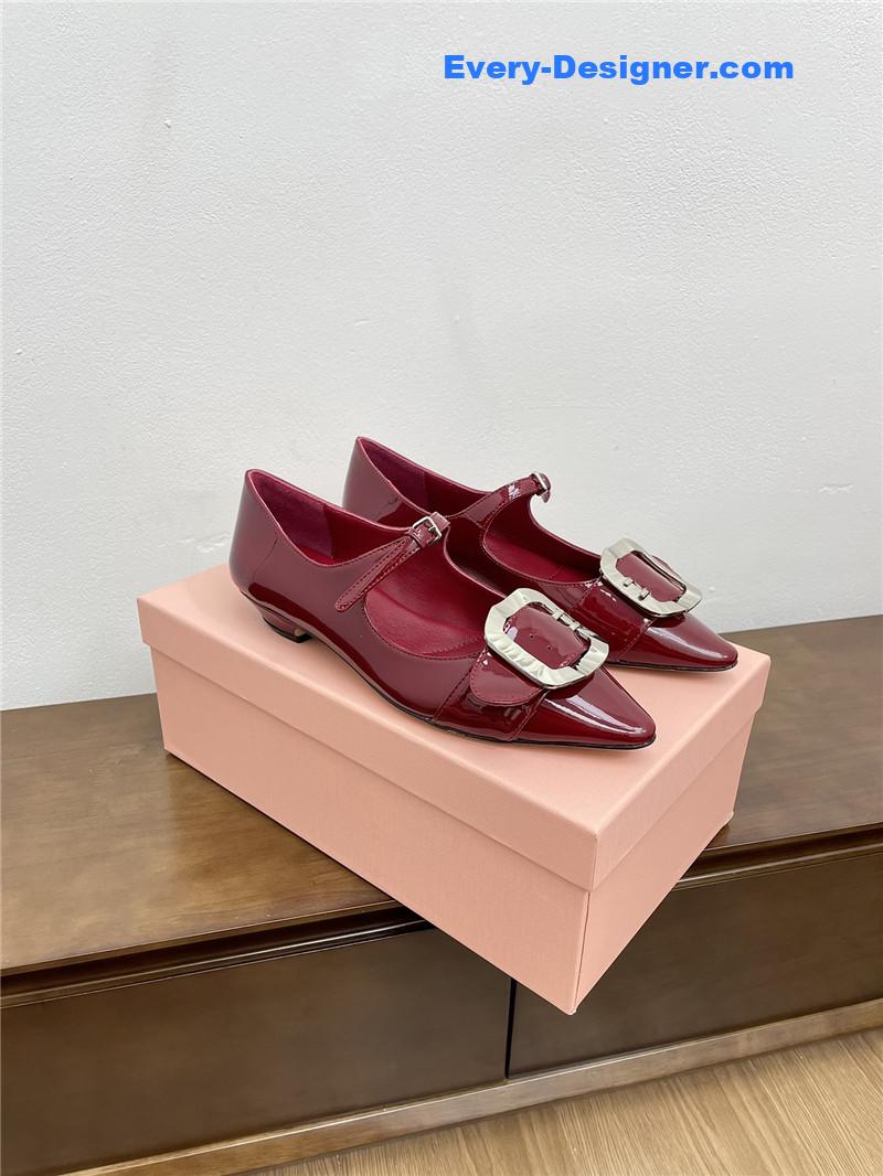 Miu Miu Burgundy Mary Jane Pointed Flats with Belt Buckle