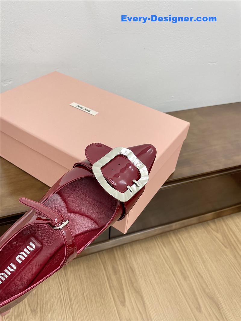 Miu Miu Burgundy Mary Jane Pointed Flats with Belt Buckle