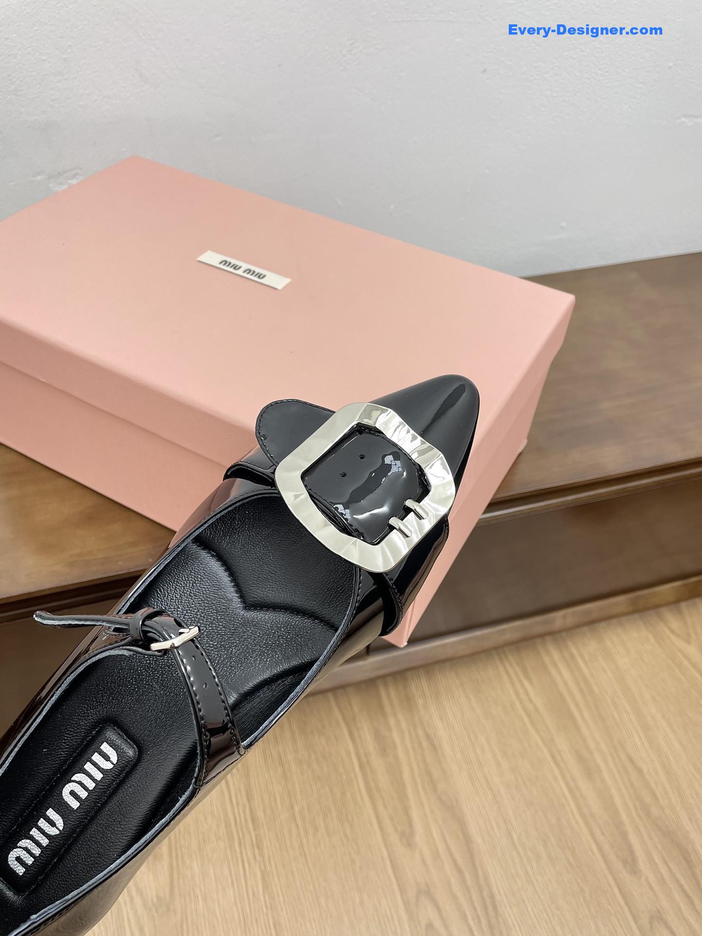 Miu Miu Black Mary Jane Pointed Flats with Belt Buckle