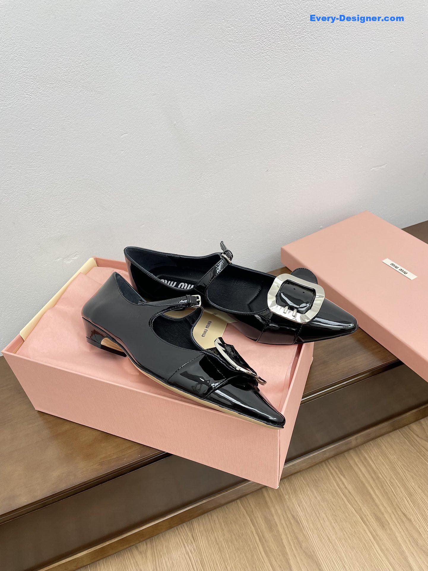 Miu Miu Black Mary Jane Pointed Flats with Belt Buckle