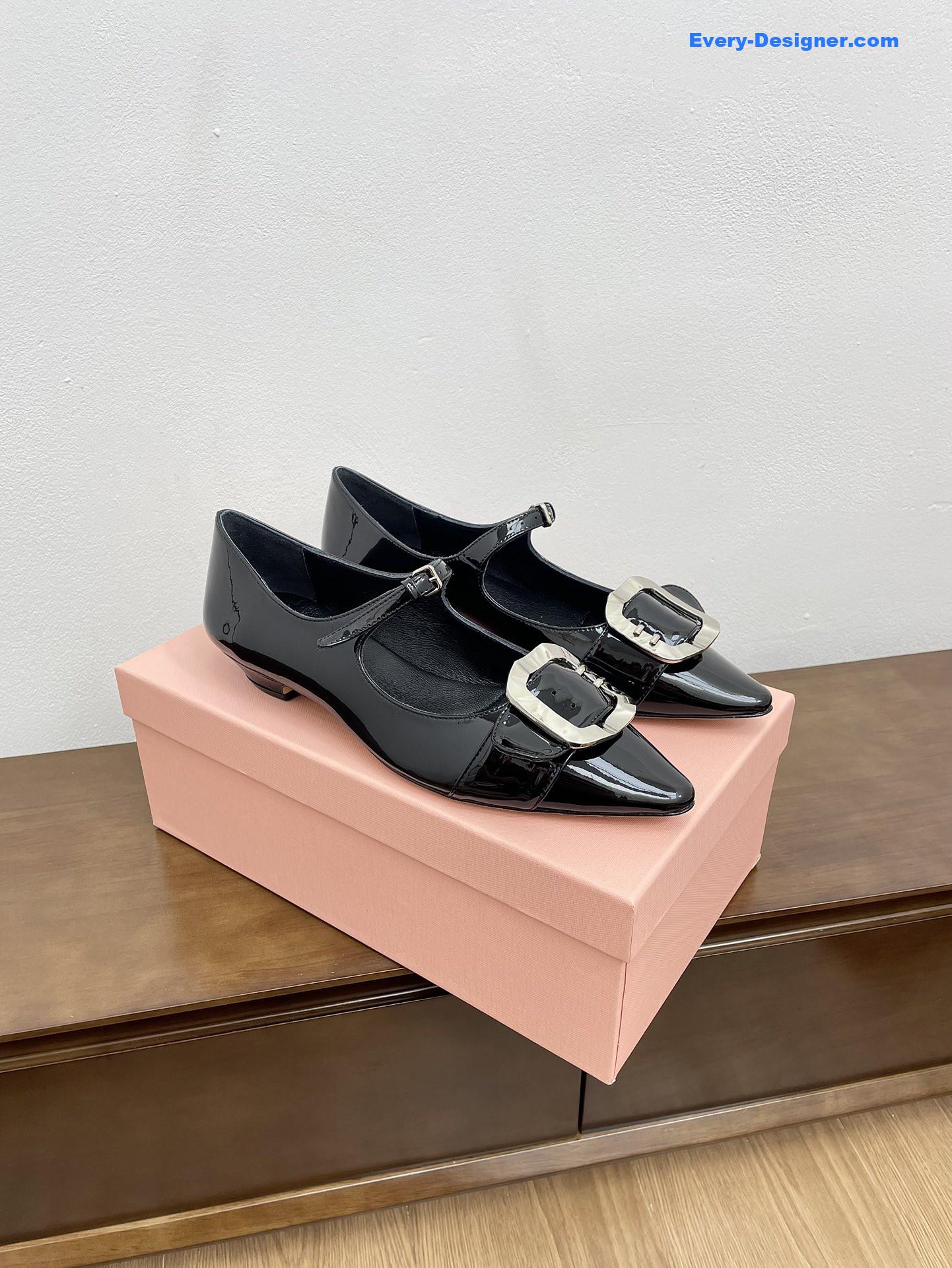 Miu Miu Black Mary Jane Pointed Flats with Belt Buckle